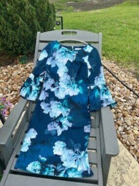 Calvin Klein Blue Floral Bell Sleeve Sheath Dress Size 6